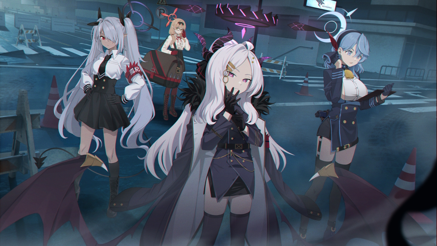 amau_ako, blue_archive, brown_hair, building, chou_xxx, glasses, gloves, gray_hair, group, halo, hinomiya_chinatsu, long_hair, pointed_ears, purple_eyes, red_eyes, shiromi_iori, skirt, sorasaki_hina, tail, thighhighs, twintails, uniform, wings, zettai_ryouiki