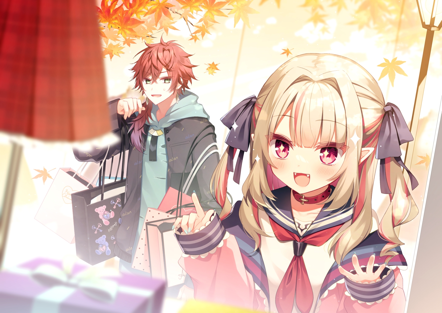 autumn, blush, bow, cat_smile, collar, fang, gray_hair, hood, lauren_iroas, leaves, long_hair, makaino_ririmu, male, nijisanji, pointed_ears, purple_eyes, red_hair, school_uniform, ytuorvi