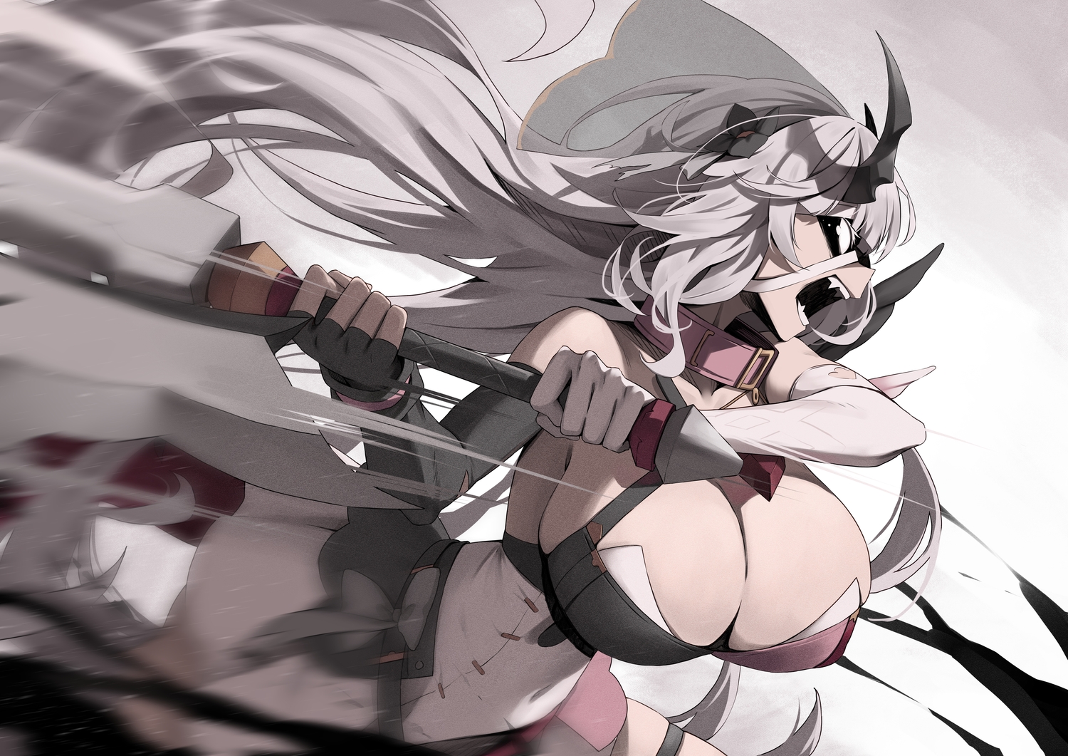 breasts, cleavage, collar, dress, elbow_gloves, epic7, fang, garter