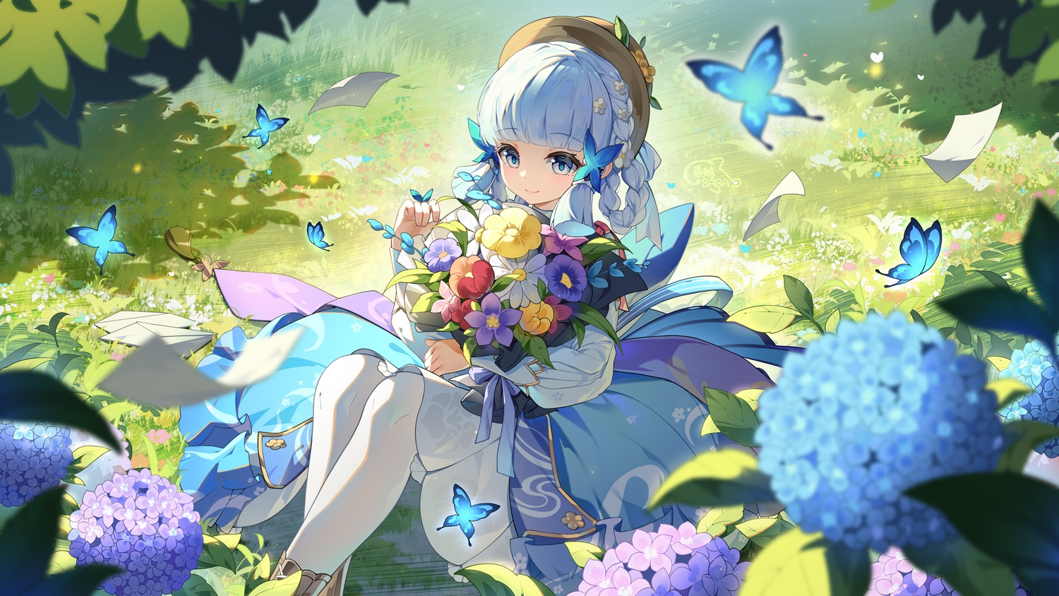 blue_eyes, blue_hair, braids, butterfly, dress, flowers, genshin_impact, grass, hat, kamisato_ayaka, pantyhose, paper, yu_e_baba