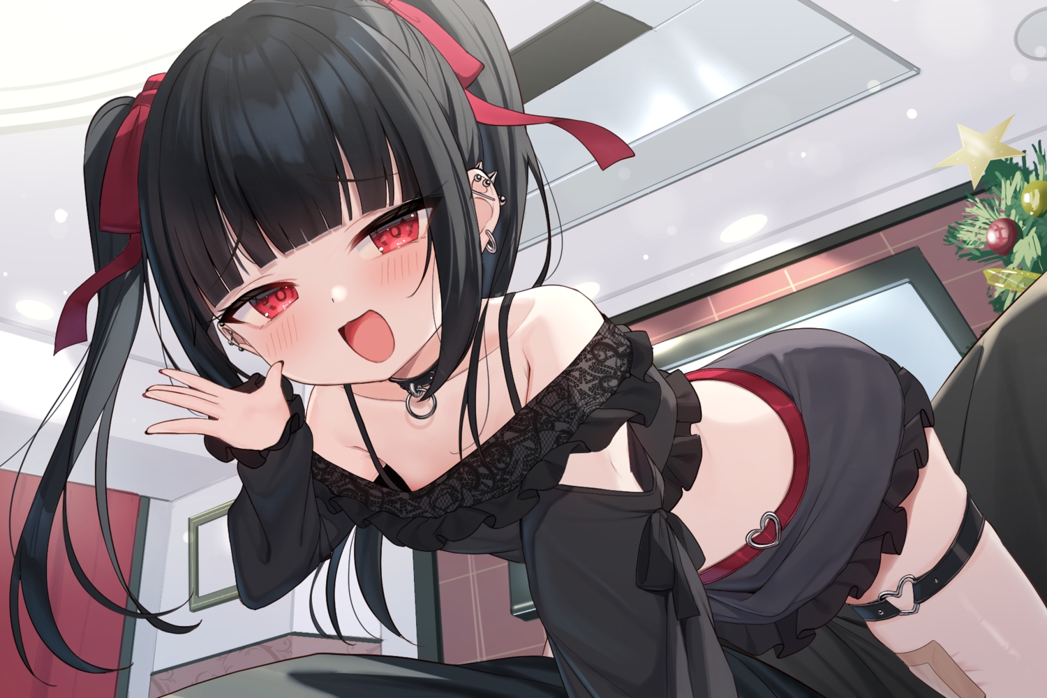 bandaid, black_hair, blush, bow, cat_smile, christmas, collar, garter