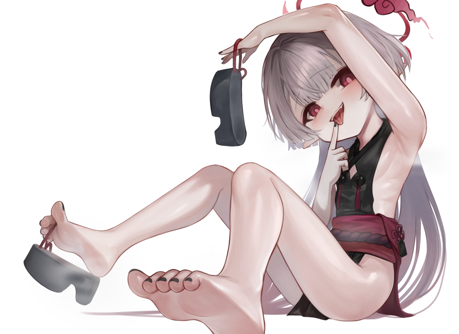 barefoot, blue_archive, blush, breasts, dokomon, fang, gray_hair, japanese_clothes