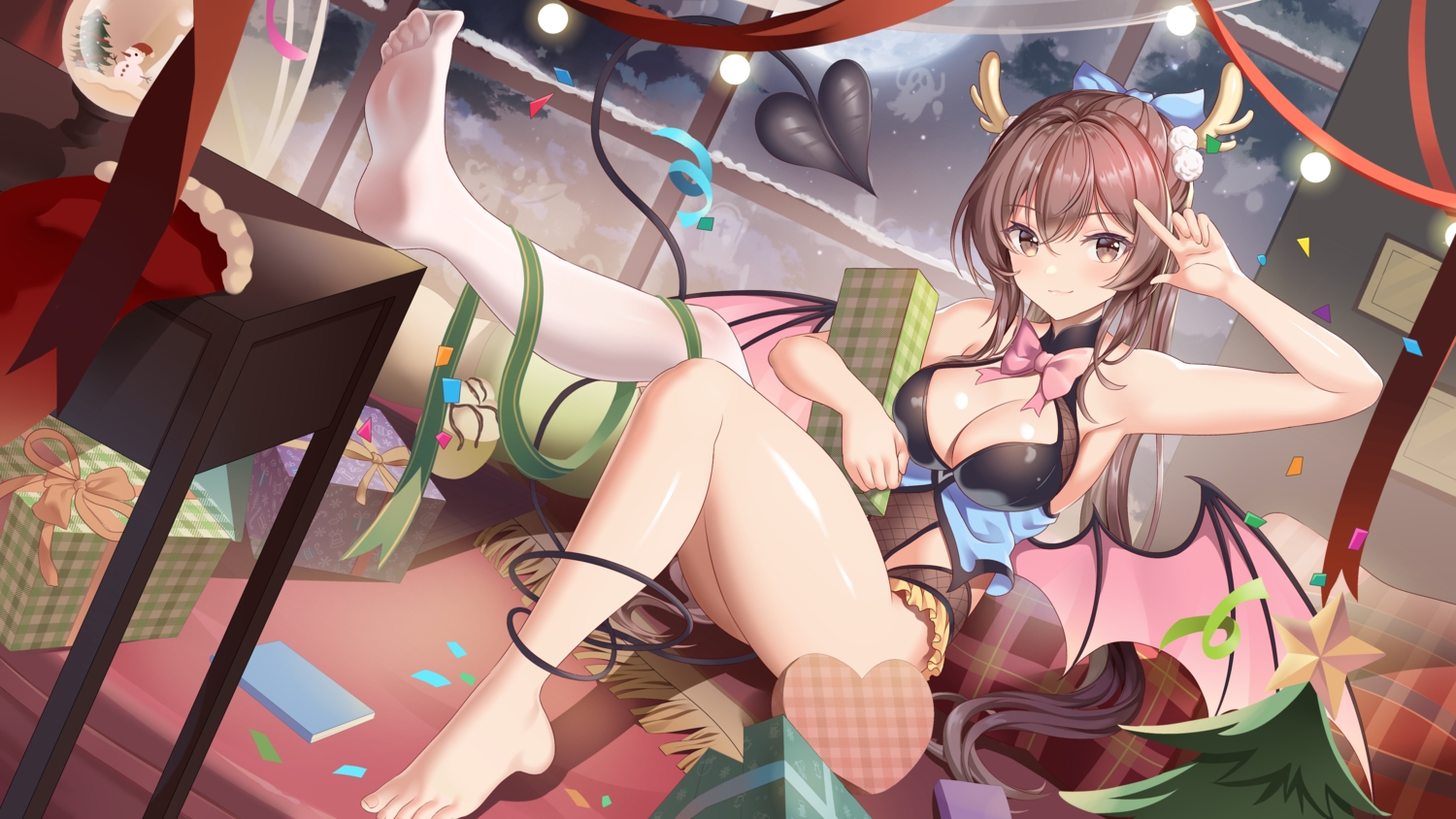 barefoot, bow, breasts, brown_eyes, brown_hair, christmas, cleavage, freshylulu_m, leotard, long_hair, original, stockings, tail, wings