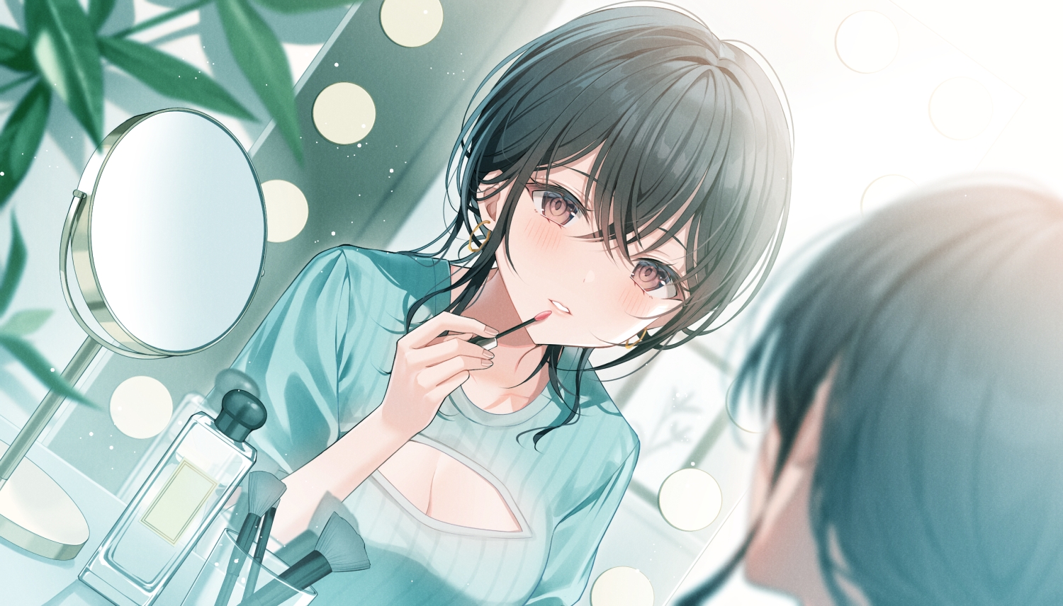 black_hair, blush, breasts, brown_eyes, cleavage, leaves, mirror, myusha, reflection, seifuku_kanojo, short_hair, yahiro_mio