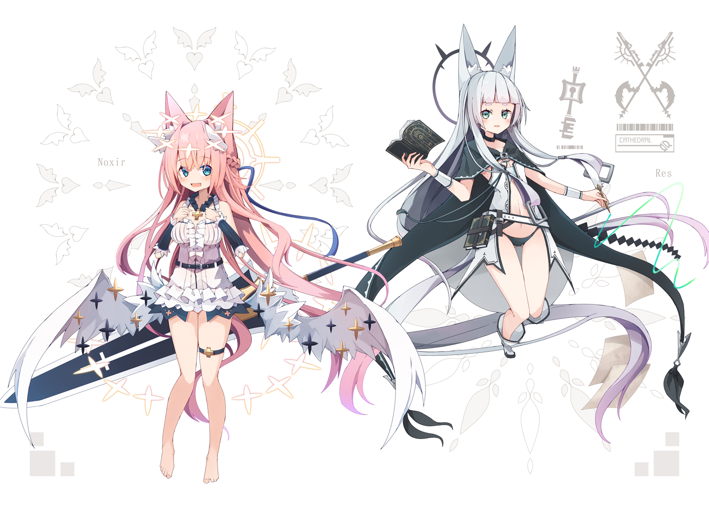 2girls, animal_ears, barefoot, blush, book, boots, braids, cape