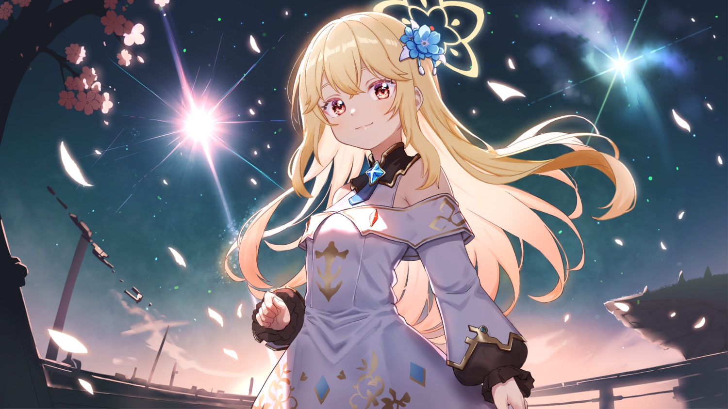 aliasing, blonde_hair, cherry_blossoms, clouds, dongchuan, dress, flowers, halo