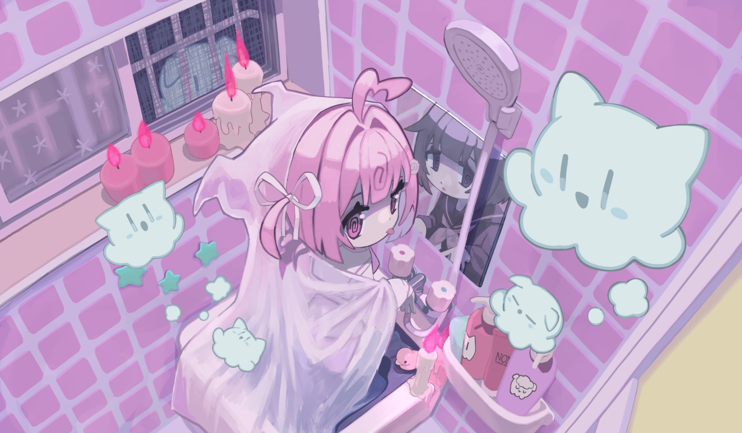 2girls, bath, black_eyes, black_hair, jacktaro, mirror, momone_chinoi, pink_eyes, pink_hair, reflection, school_uniform, see_through, short_hair, shower