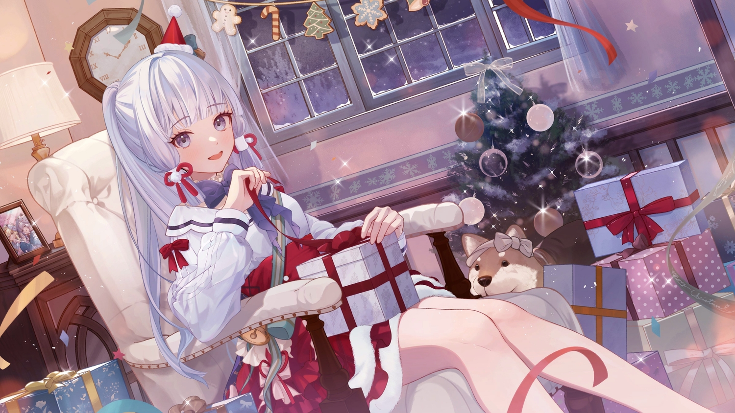 animal, blue_eyes, blush, bow, camunekoz, christmas, dog, genshin_impact