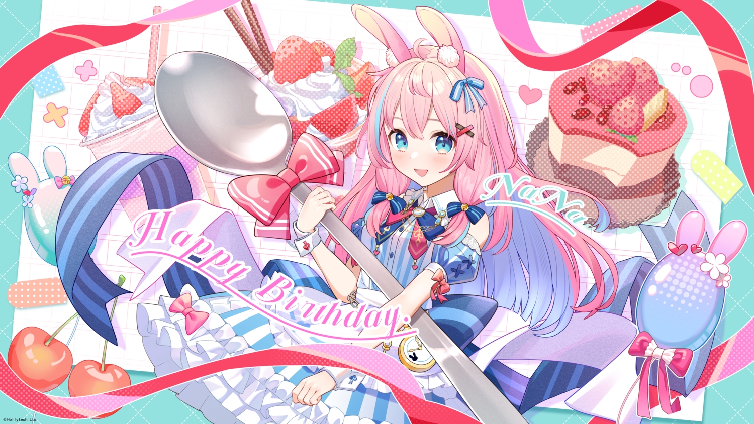 animal_ears, apron, aqua_eyes, ayana_nana, bell, blush, bow, bunny_ears, bunnygirl, cake, cherry, dress, food, fruit, lolita_fashion, long_hair, pink_hair, project-sp, strawberry, wristwear, yao_unripe