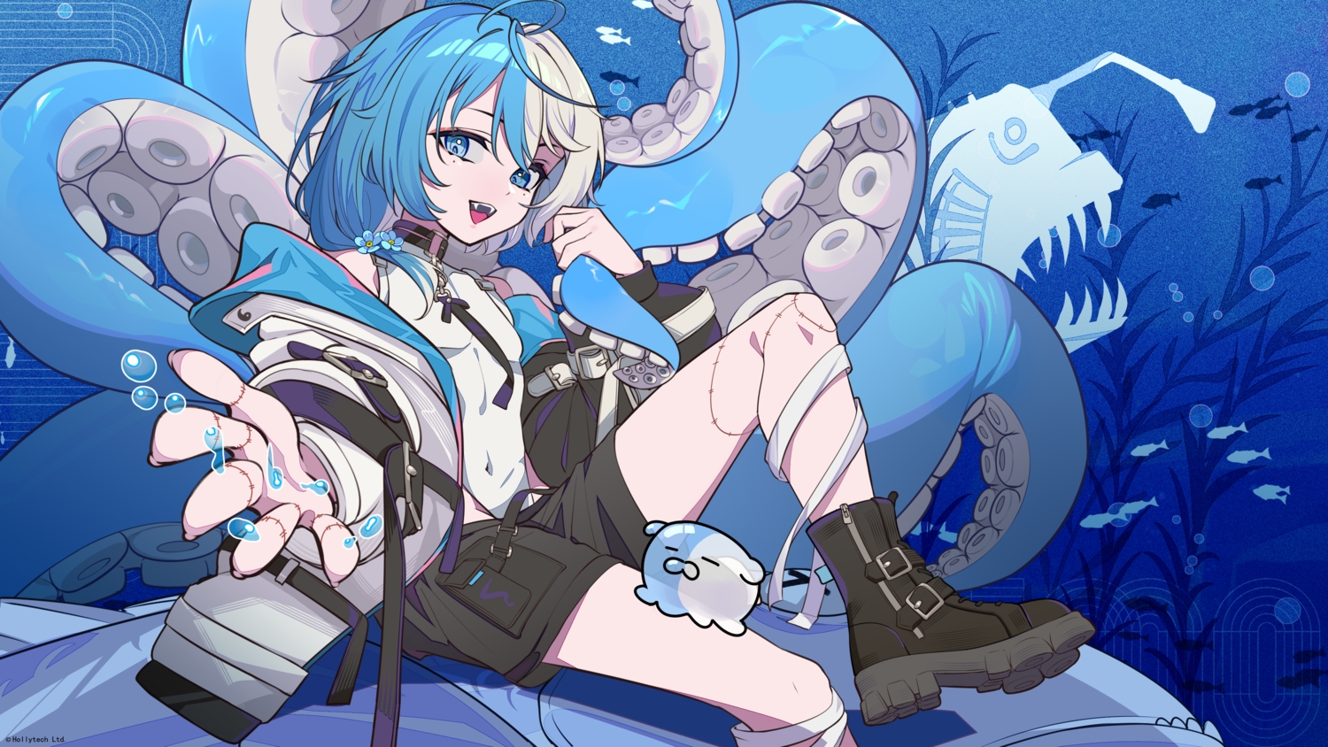 animal, bandage, boots, bubbles, collar, fang, fish, hood