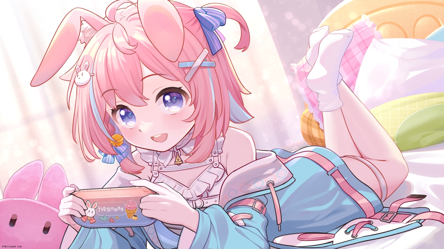 animal_ears, ayana_nana, bed, bell, blue_eyes, bow, bunny_ears, bunnygirl