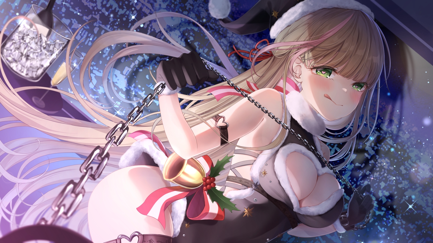 amano_mano, bell, blush, bow, breasts, brown_hair, chain, christmas, cleavage, dress, drink, garter, gloves, green_eyes, hat, indie_virtual_youtuber, lllconfidential, long_hair, night, ribbons, santa_costume, santa_hat, shackles