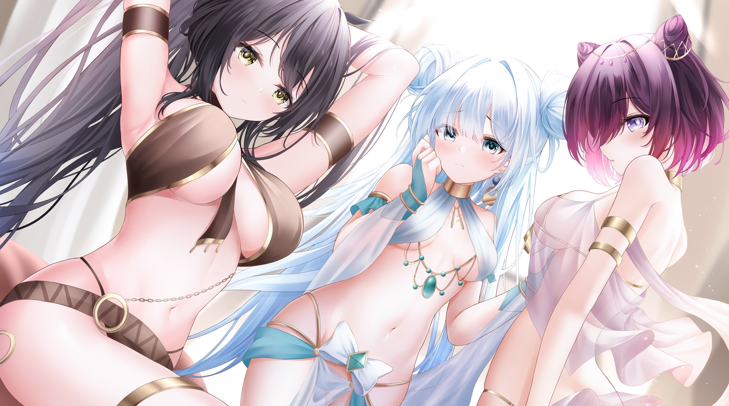 anthropomorphism, aqua_eyes, azur_lane, bikini, black_hair, bow, breasts, indomitable_(azur_lane), janus_(azur_lane), jervis_(azur_lane), long_hair, navel, proverbs_zhenyan, purple_eyes, purple_hair, see_through, short_hair, swimsuit, white_hair, yellow_eyes