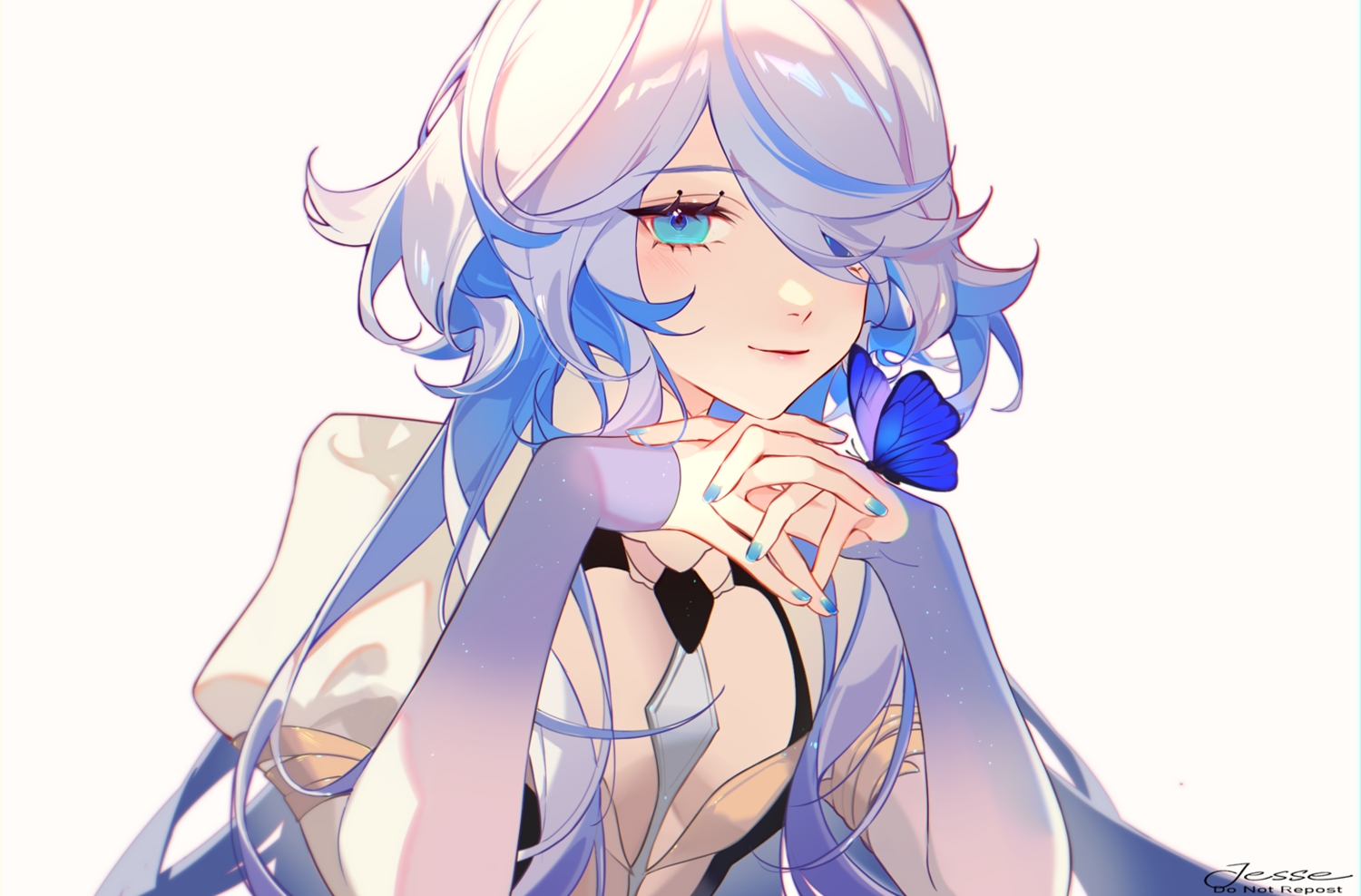 bicolored_eyes, blue_eyes, butterfly, close, focalors_(genshin_impact), genshin_impact, gray_hair, jesse_(pixiv34586727)