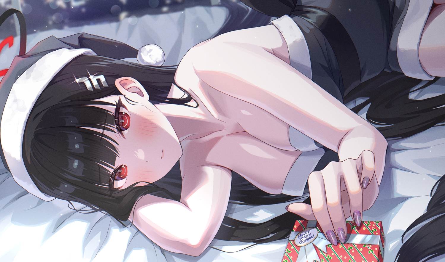 black_hair, blue_archive, blush, breasts, christmas, cleavage, dress, halo, hat, long_hair, momomoi_momoi, red_eyes, santa_costume, santa_hat, tsukatsuki_rio