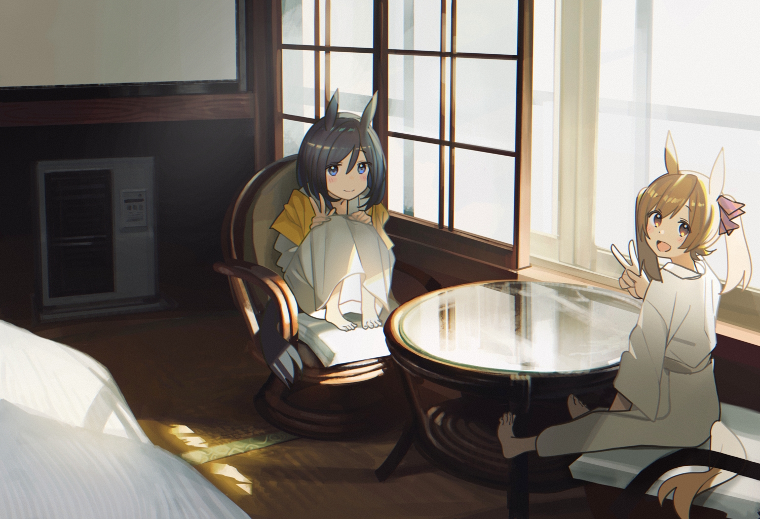 2girls, 3d, animal_ears, anthropomorphism, ashinowoto, black_hair, blue_eyes, brown_eyes