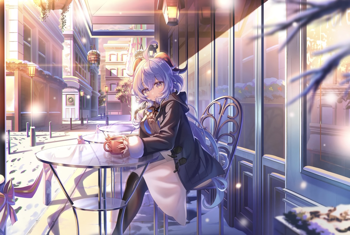blue_hair, bow, building, city, dress, drink, ganyu_(genshin_impact), genshin_impact, hood, horns, ktm, long_hair, pantyhose, purple_eyes, ribbons, snow, winter