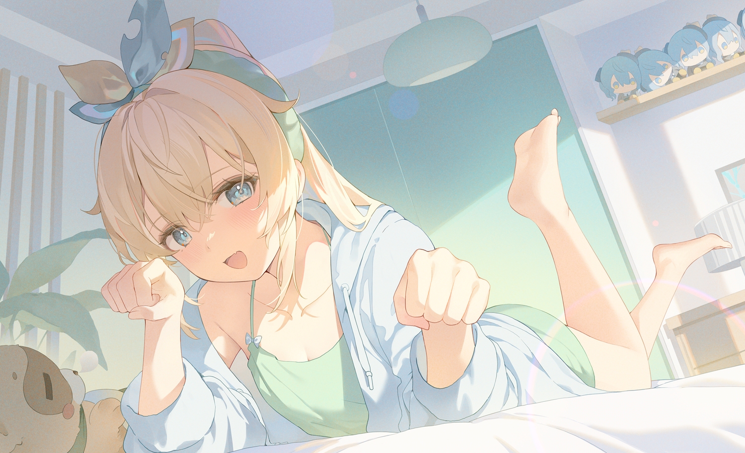 animal, aqua_eyes, blonde_hair, blush, cat_smile, doll, fang, hana_mori, headband, hololive, hood, kazama_iroha, long_hair, pajamas, ponytail, shorts