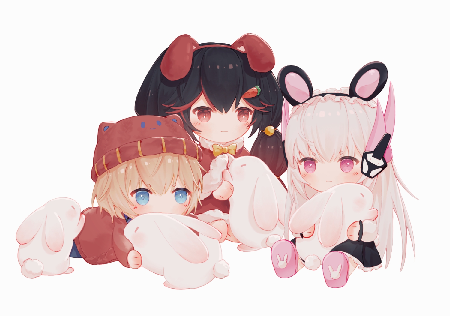 animal, animal_ears, black_hair, blonde_hair, blue_eyes, blush, bunny_ears, cape, chibi, hat, headband, headdress, lee_(pgr), liv_(pgr), long_hair, lucia_(pgr), male, punishing:_gray_raven, purple_eyes, rabbit, red_eyes, short_hair, skirt, twintails, white, white_hair, zhou_huan_(dgpe2833)