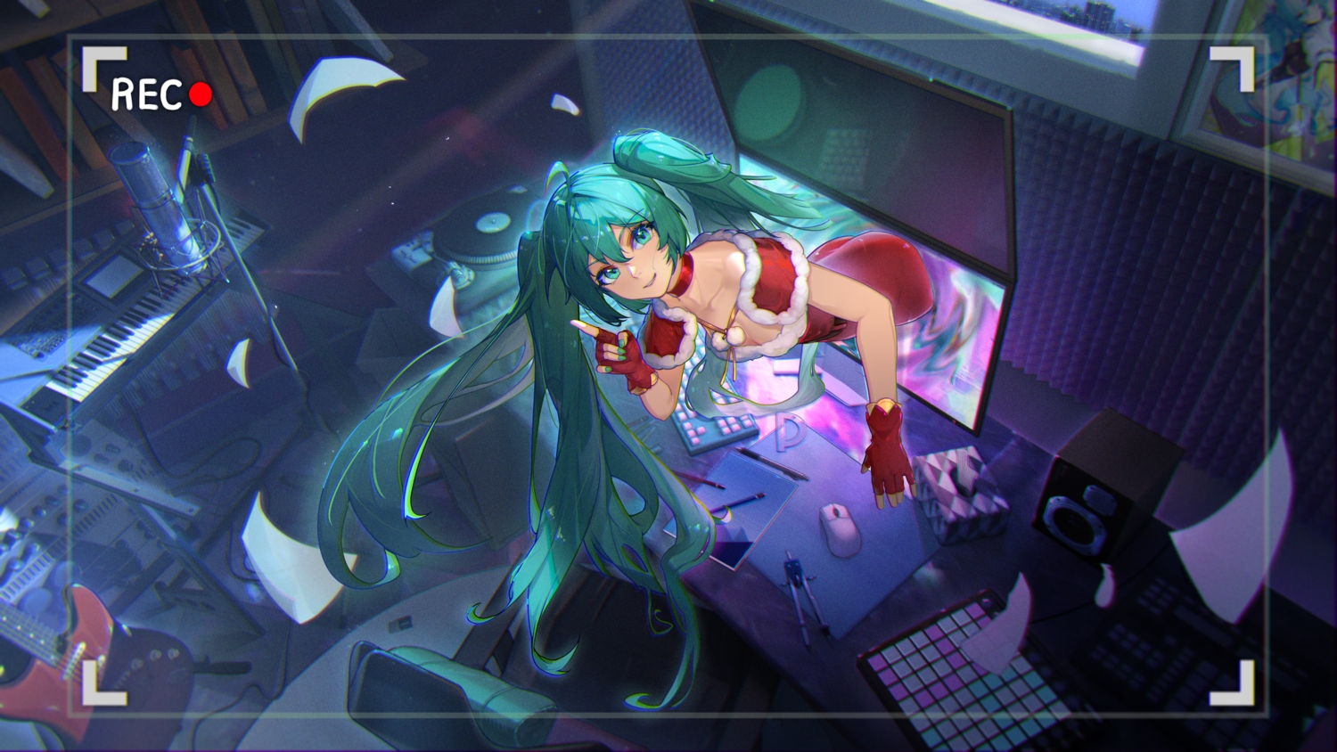 aqua_eyes, aqua_hair, ass, book, breasts, camera, choker, christmas, cleavage, computer, dress, gloves, guitar, hatsune_miku, instrument, long_hair, microphone, piano, santa_costume, twintails, vocaloid, zuiai_gongzhu_dianxia