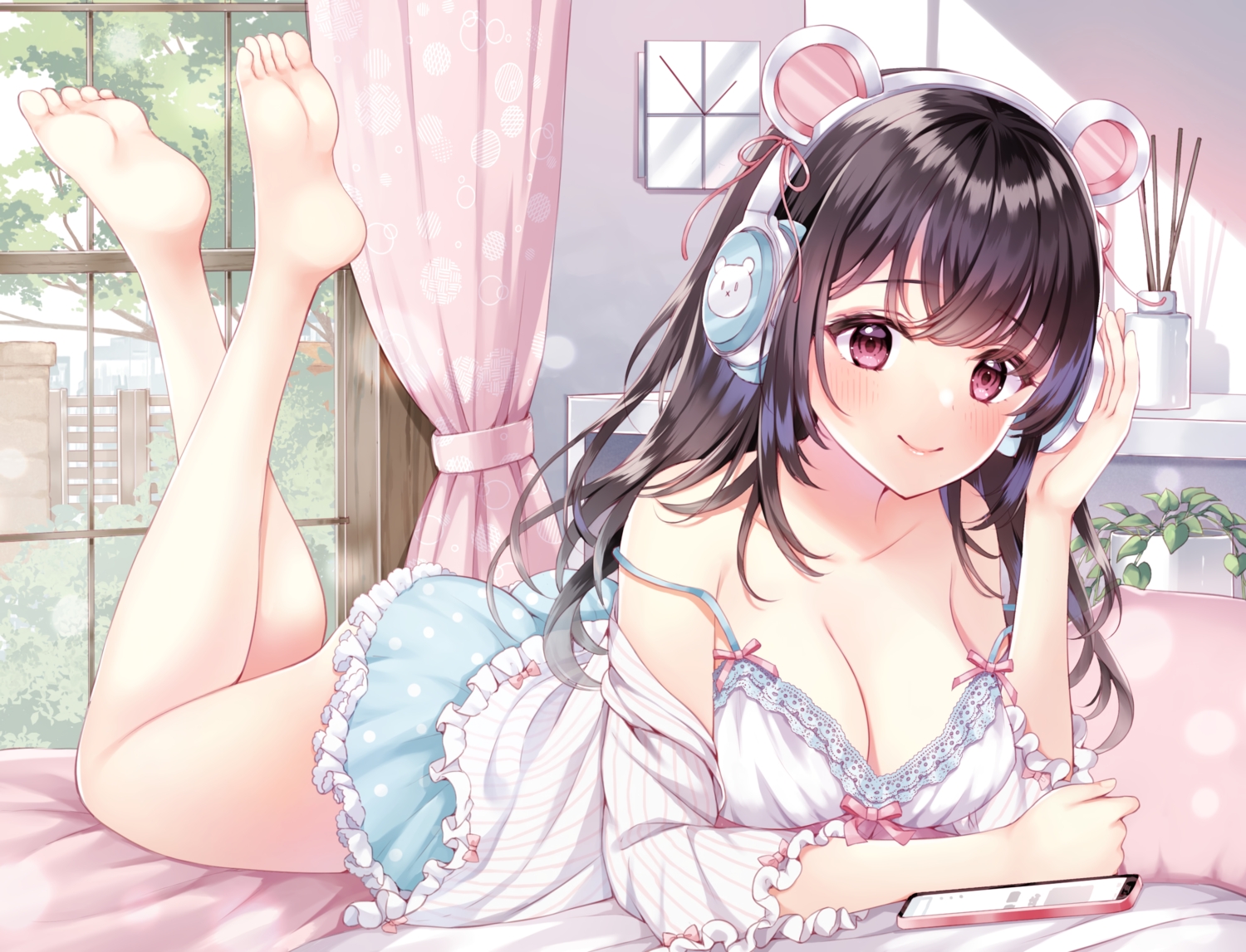 animal_ears, barefoot, bed, blush, breasts, brown_hair, headphones, long_hair, mintsu_(ichi--kun), original, phone