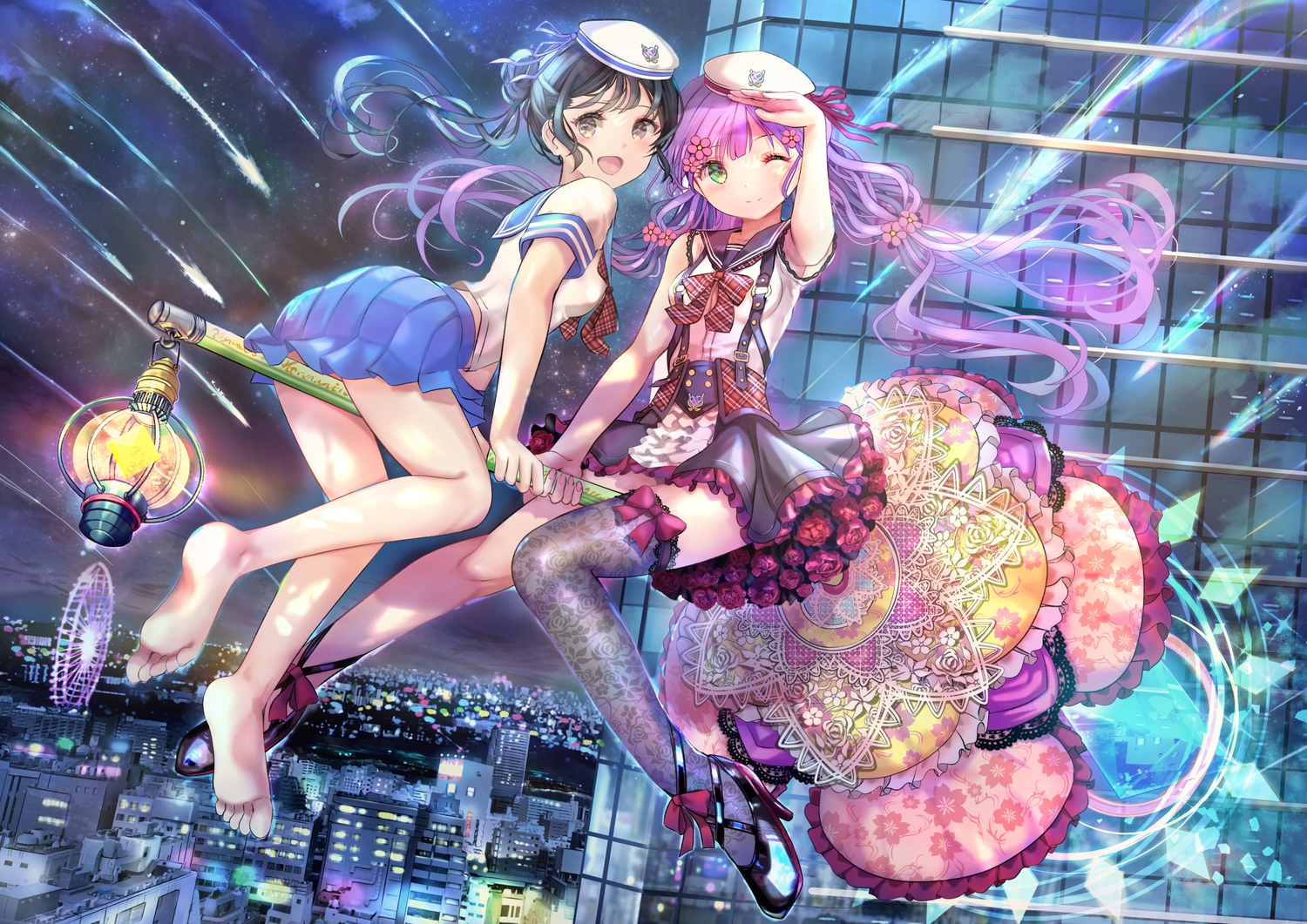 2girls, barefoot, black_hair, bow, brown_eyes, building, city, green_eyes, hat, long_hair, mage, magic, night, ogata_tei, original, purple_hair, ribbons, school_uniform, skirt, stars, thighhighs, wink