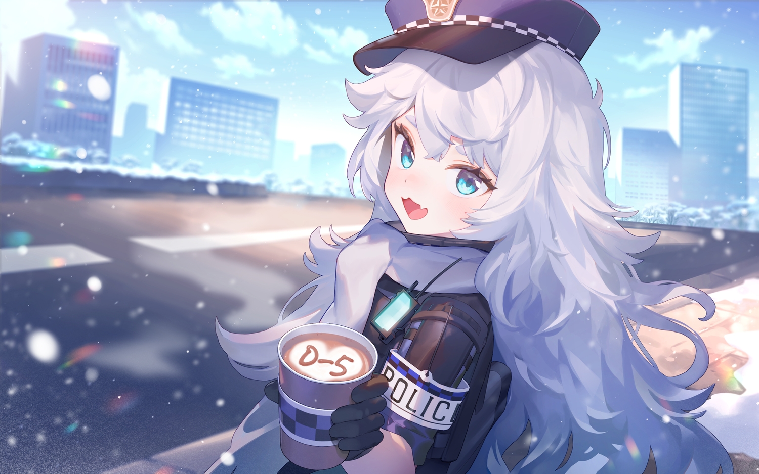 ainy77, aqua_eyes, blush, building, cat_smile, city, close, clouds, drink, fang, gloves, goddess_of_victory:_nikke, gray_hair, hat, long_hair, police, police_uniform, poli_(nikke), scarf, sky, snow, winter