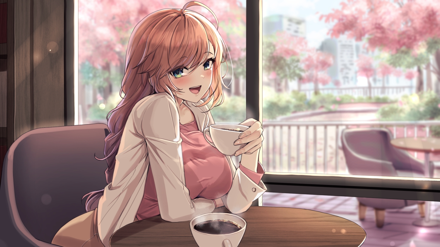 benevolent_leanne, blue_eyes, blush, bra, breast_hold, brown_hair, building, city