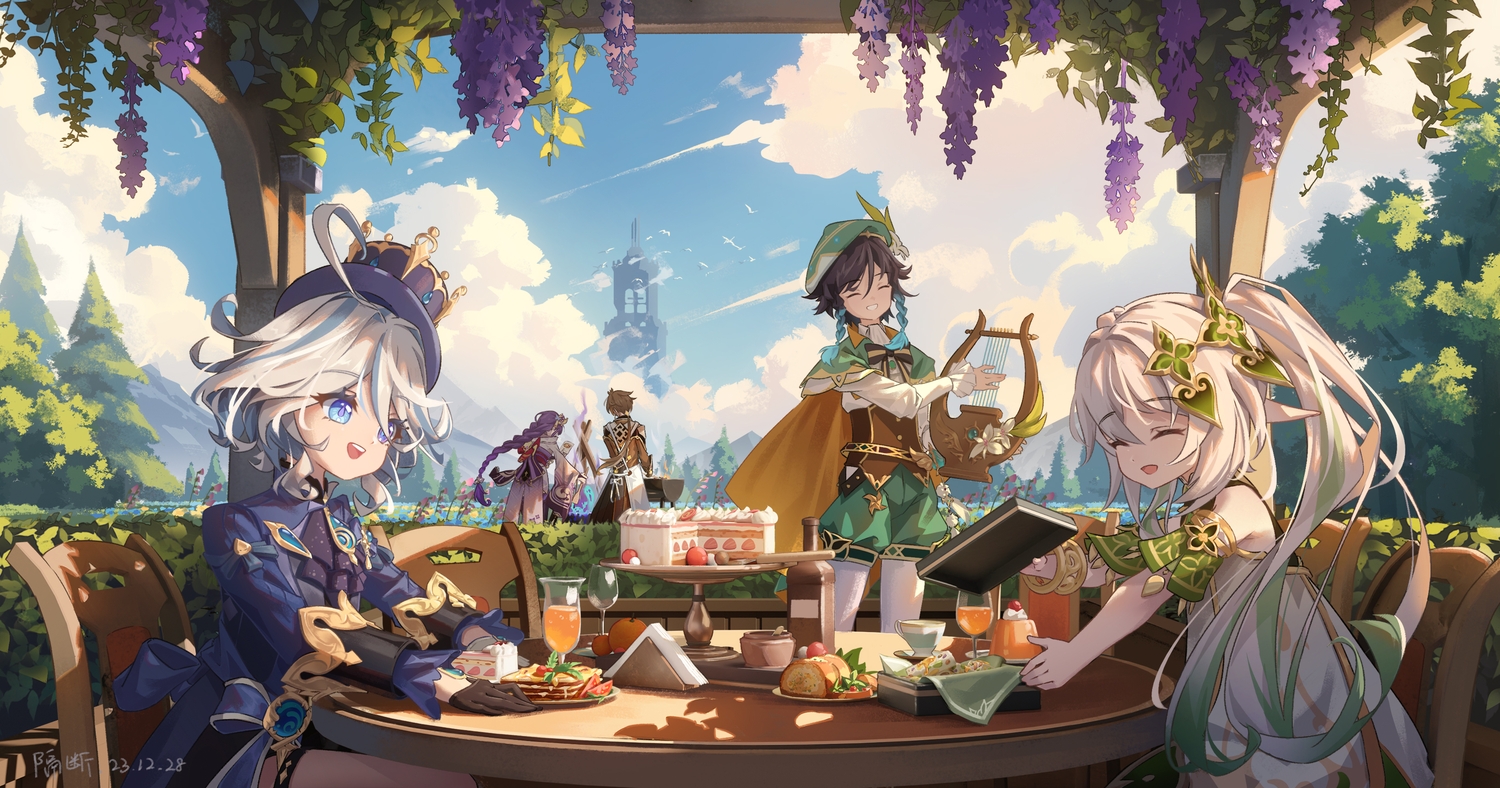 bicolored_eyes, black_hair, blue_eyes, bow, braids, brown_hair, building, cake