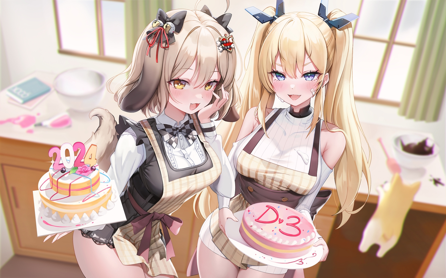 2girls, animal, animal_ears, apron, bandaid, bell, biscuit_(nikke), blonde_hair, blush, bow, brown_hair, cake, cat_smile, dog, doggirl, dress, fang, food, goddess_of_victory:_nikke, jehyun, laplace_(nikke), long_hair, purple_eyes, shirt, short_hair, tail, twintails, yellow_eyes