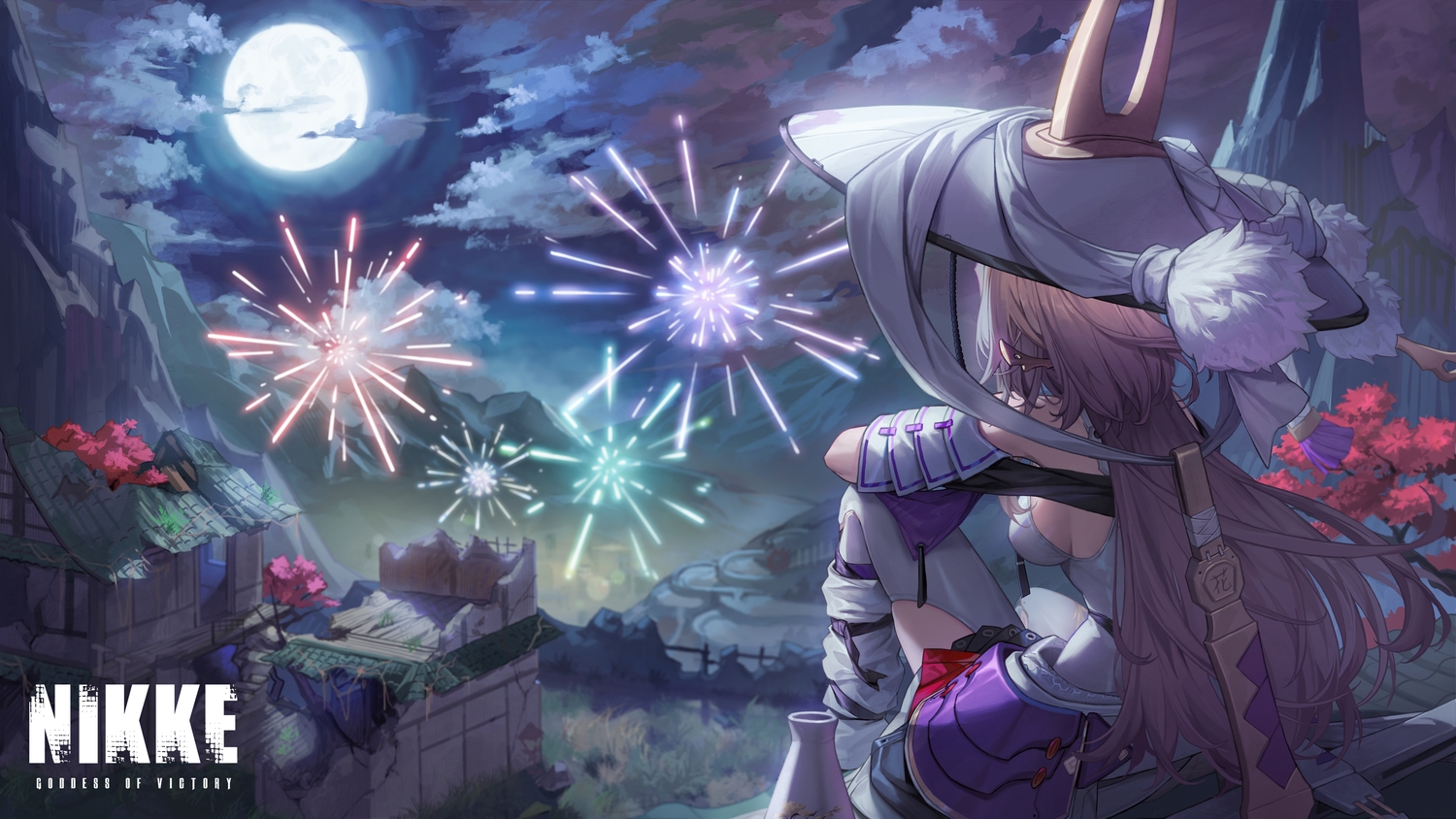 armor, breasts, brown_hair, building, clouds, drink, fireworks, f.k_(hs225kr)