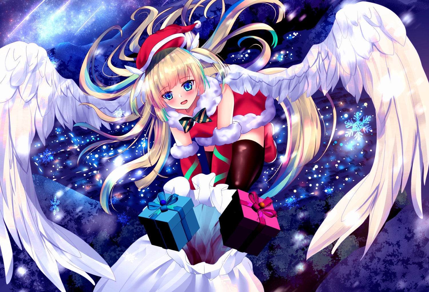 angel, aqua_eyes, blonde_hair, blush, boots, bow, christmas, dress