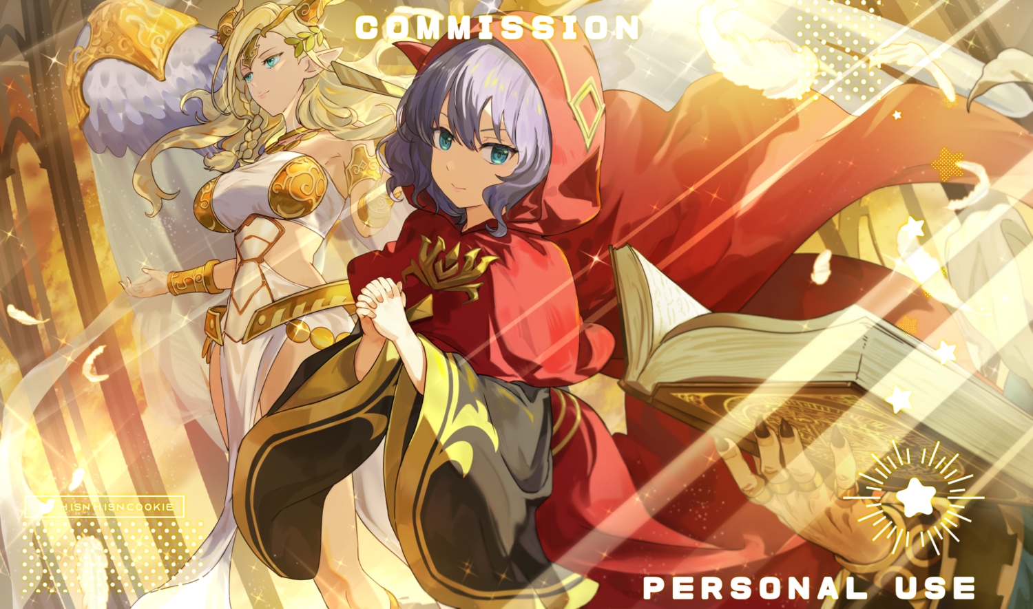 aqua_eyes, blonde_hair, book, braids, cape, dress, feathers, hood, horns, hsin, long_hair, lo_the_prayers_of_the_voiceless_voice, male, pointed_ears, purple_hair, saffira_dragon_queen_of_the_voiceless_voice, sauravis_dragon_sage_of_the_voiceless_voice, short_hair, wings, wristwear, yu-gi-oh