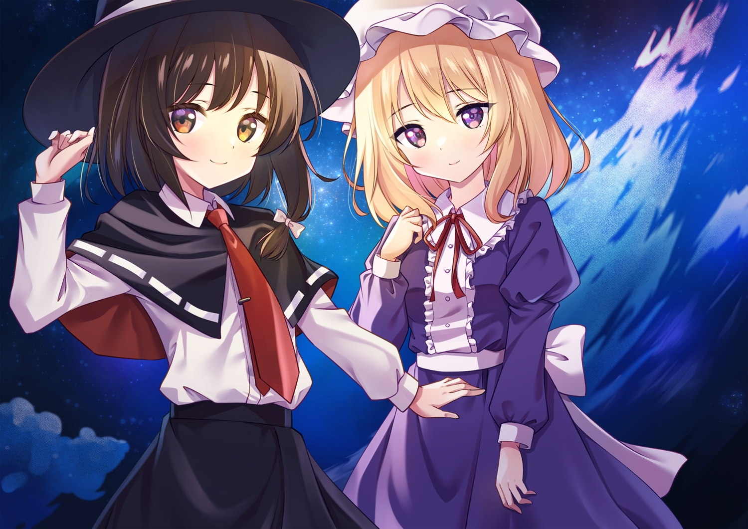2girls, blonde_hair, bow, brown_eyes, brown_hair, cape, clouds, dress