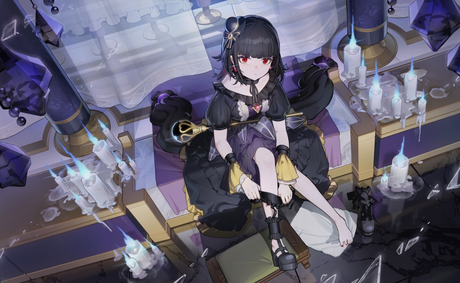 3d, barefoot, black_hair, dress, dressing, goth-loli, hat, lolita_fashion
