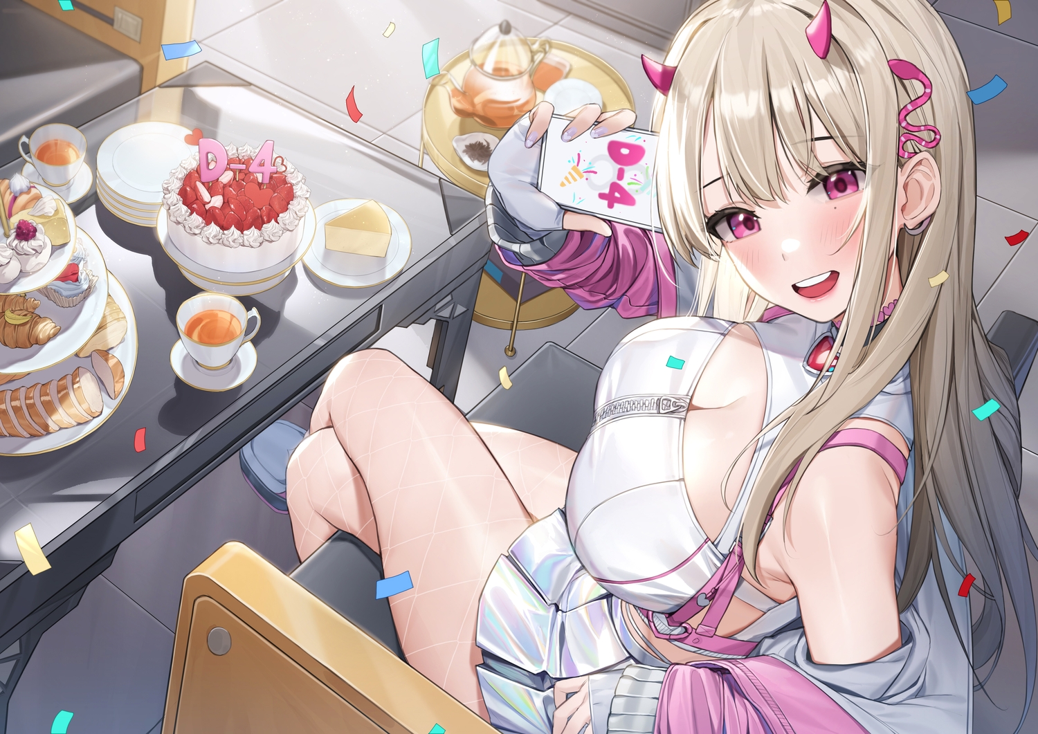 blonde_hair, blush, breasts, cake, cleavage, drink, food, fruit