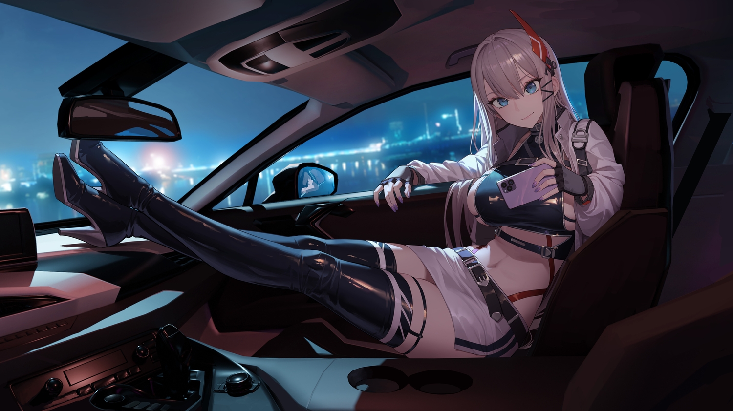 blonde_hair, blue_eyes, boots, gloves, long_hair, navel, night, original