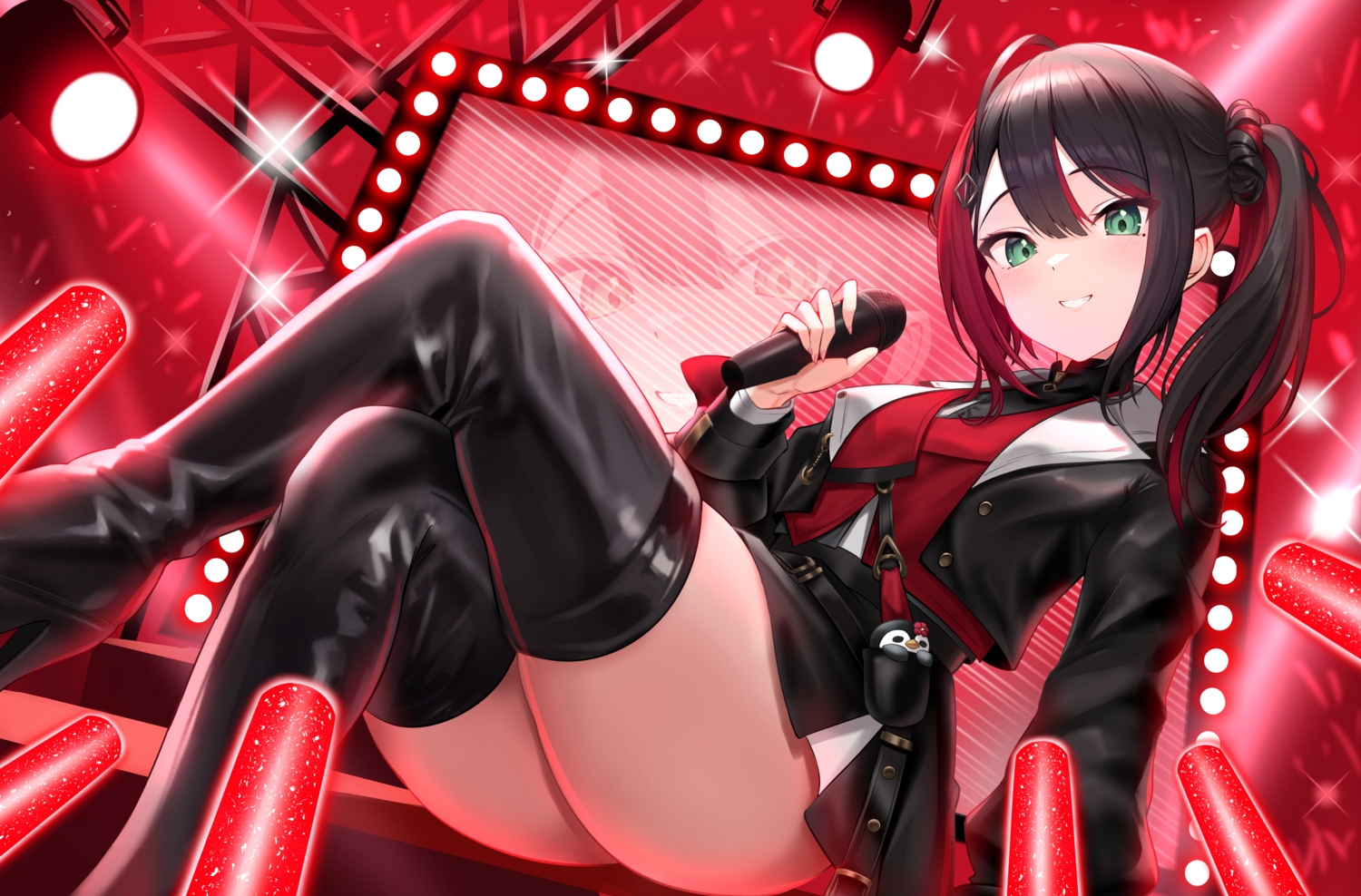 black_hair, blush, boots, green_eyes, hizuki_yui, microphone, neo-porte, ponytail, roina, skirt, thighhighs