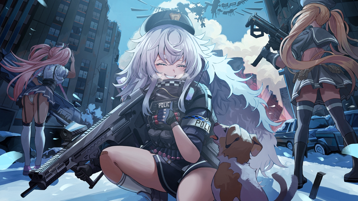 animal, ass, boots, brown_hair, building, car, city, clouds, dog, garter_belt, gloves, goddess_of_victory:_nikke, gray_hair, gun, hat, kneehighs, long_hair, miranda_(nikke), miyabino_(miyabi1616), panties, pink_hair, police, poli_(nikke), quiry_(nikke), ruins, school_uniform, shirt, skirt, sky, snow, stockings, thighhighs, twintails, underwear, upskirt, weapon