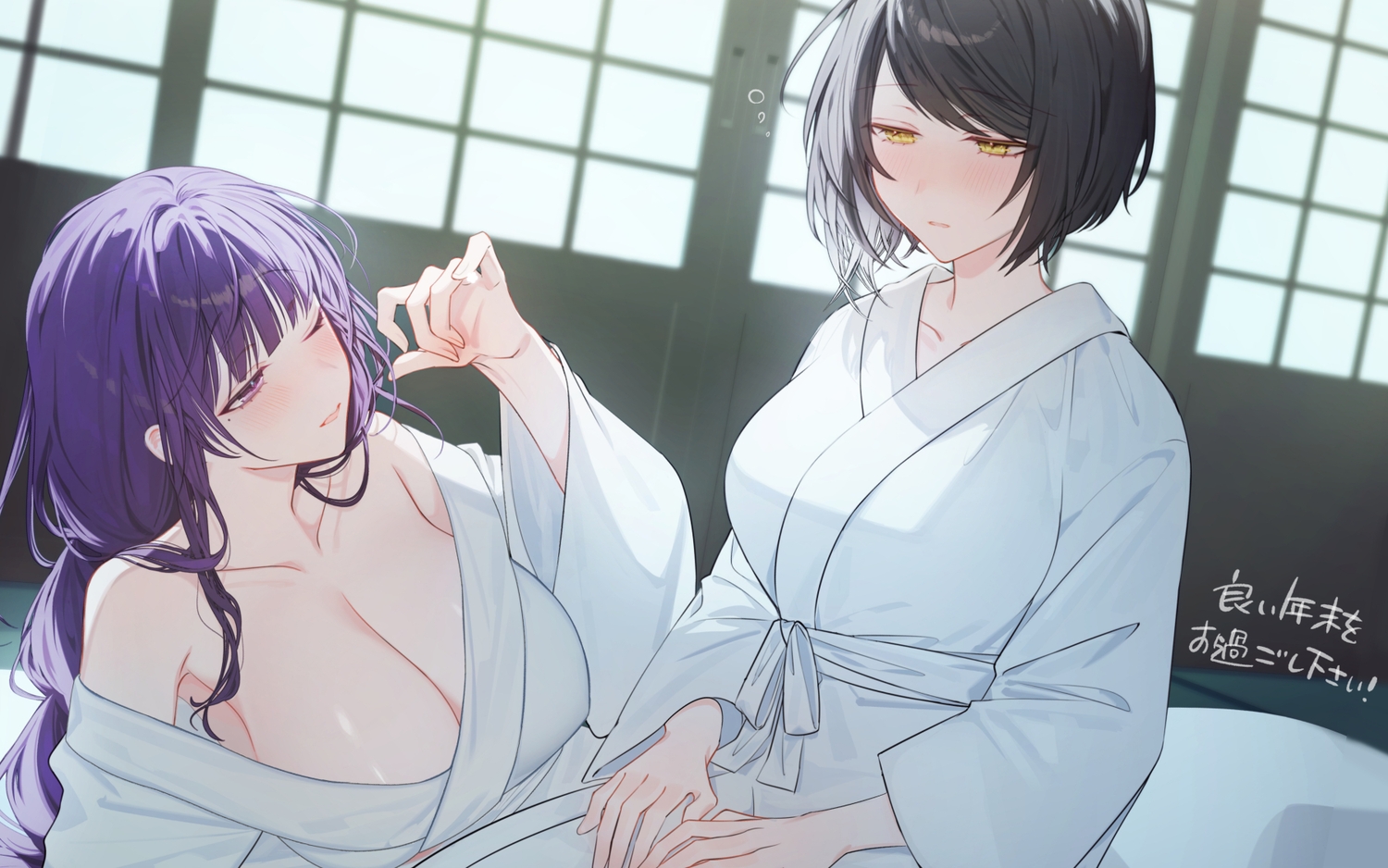 2girls, black_hair, blush, breasts, cleavage, genshin_impact, japanese_clothes, kujou_sara