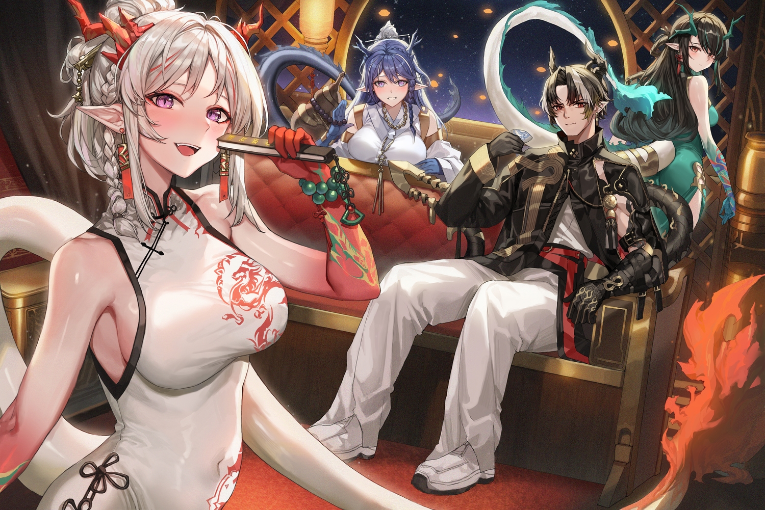 arknights, ass, black_hair, blue_hair, blush, braids, breasts, chinese_clothes, chinese_dress, chong_yue_(arknights), dress, drink, dusk_(arknights), elbow_gloves, fang, gloves, gray_hair, group, horns, ling_(arknights), male, molyb, necklace, nian_(arknights), night, pointed_ears, purple_eyes, red_eyes, sake, short_hair, tail, tattoo, wristwear