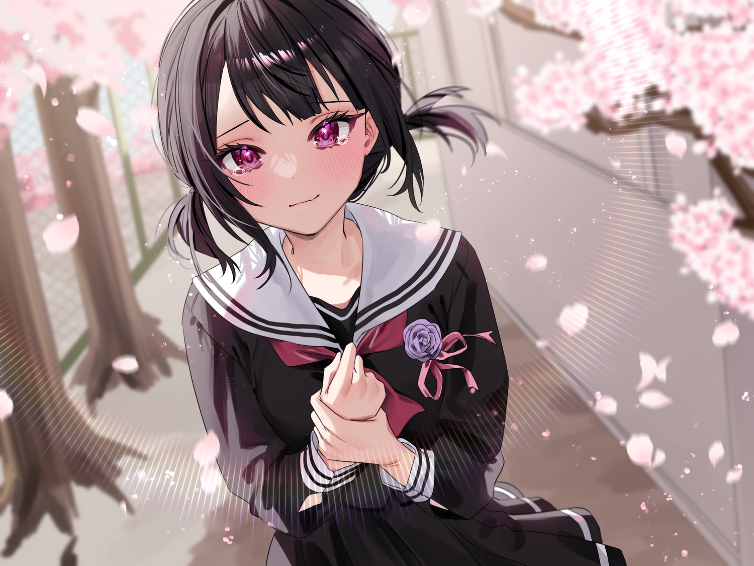 black_hair, cherry_blossoms, chigusa_minori, flowers, make_heroine_(spicestudio), nagisa_(make_heroine), purple_eyes, school_uniform