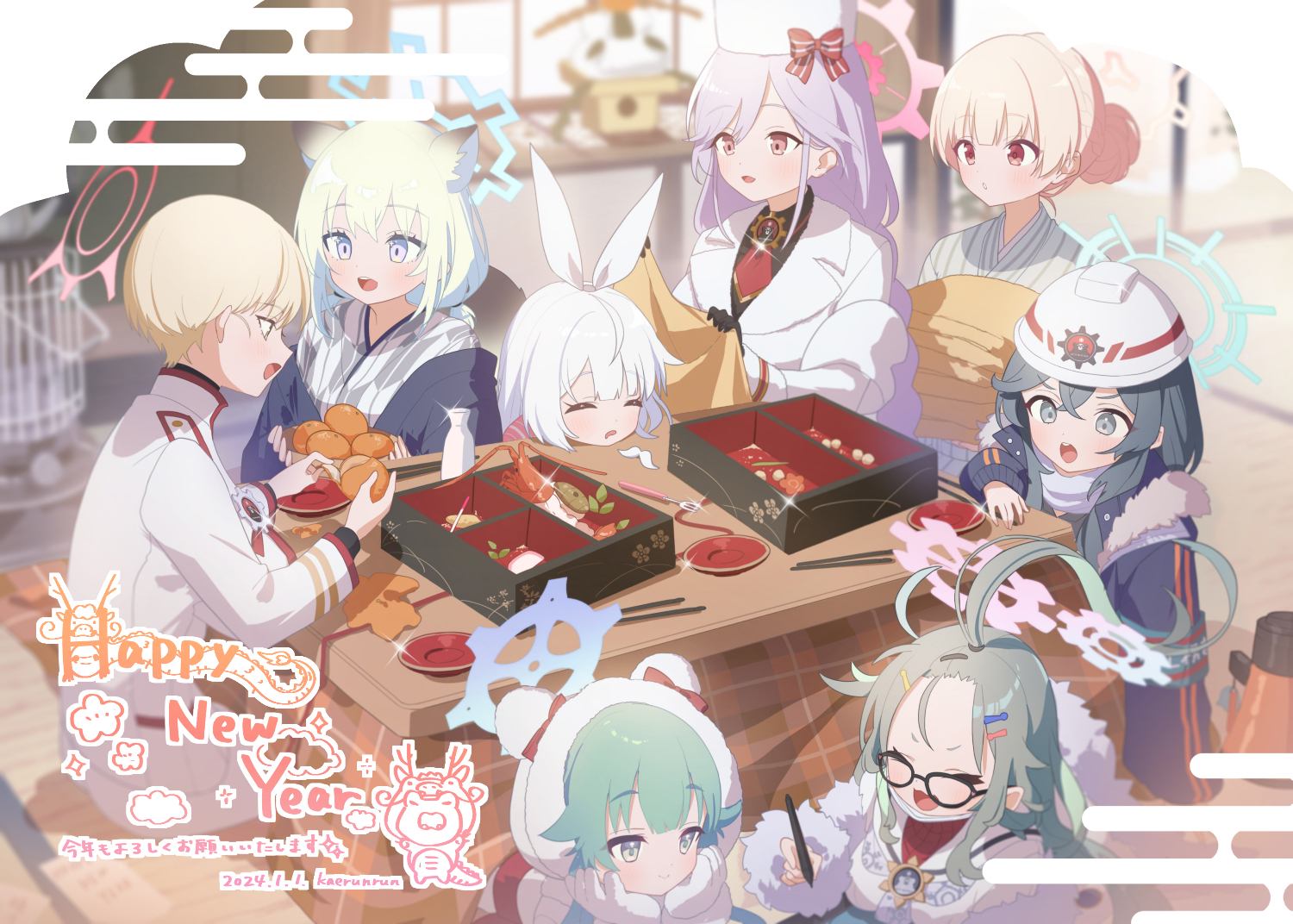 akiizumi_momiji, amami_nodoka, animal_ears, black_eyes, black_hair, blonde_hair, blue_archive, bow