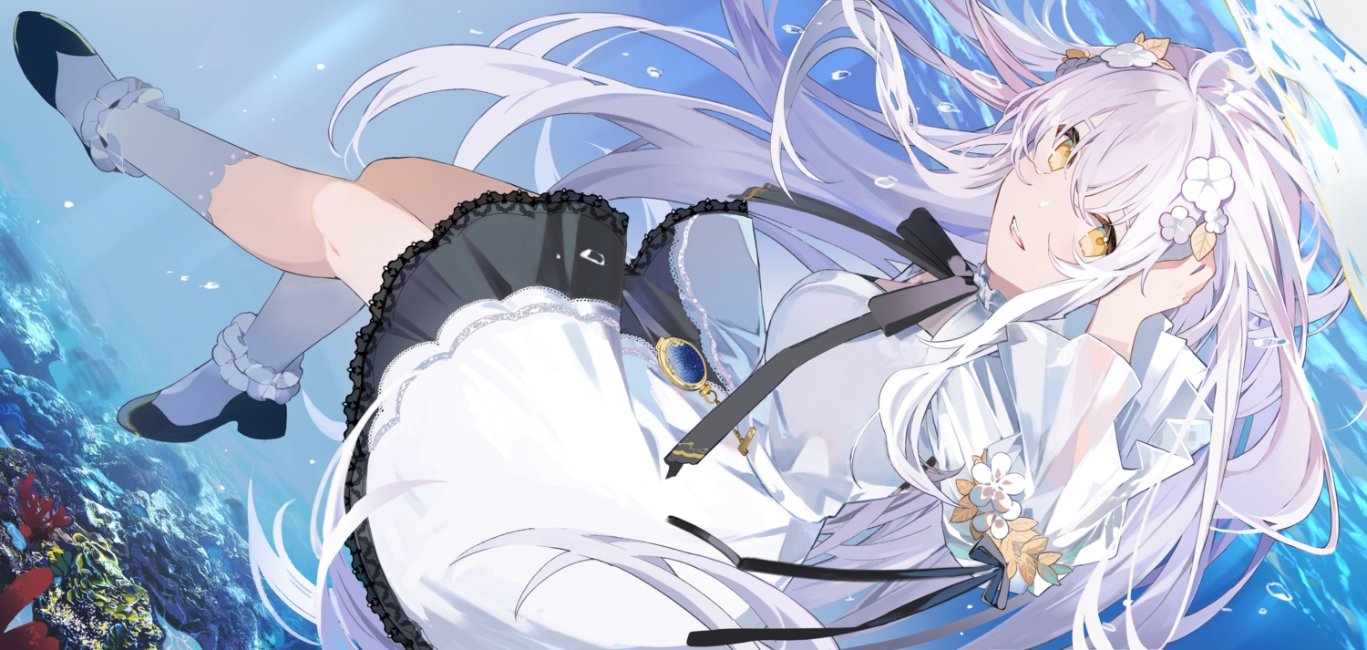 bow, bubbles, dress, indie_virtual_youtuber, kneehighs, long_hair, ribbons, sofieru_(vtuber)