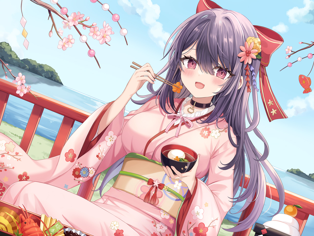 black_hair, blush, bow, clouds, collar, food, japanese_clothes, kimono