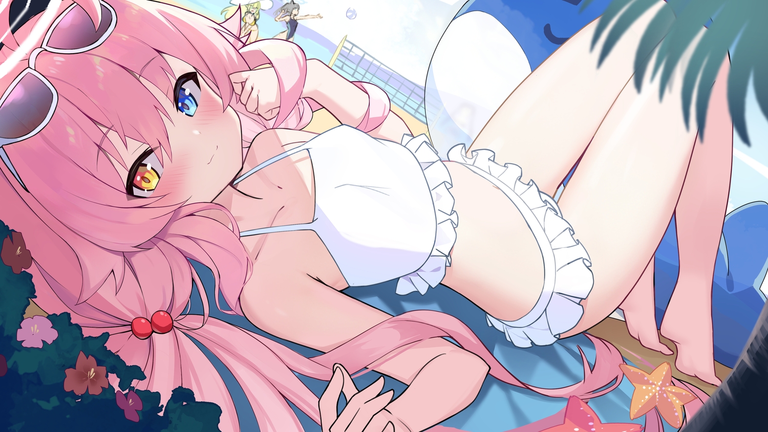 aqua_eyes, barefoot, beach, bicolored_eyes, bikini, blonde_hair, blue_archive, blush