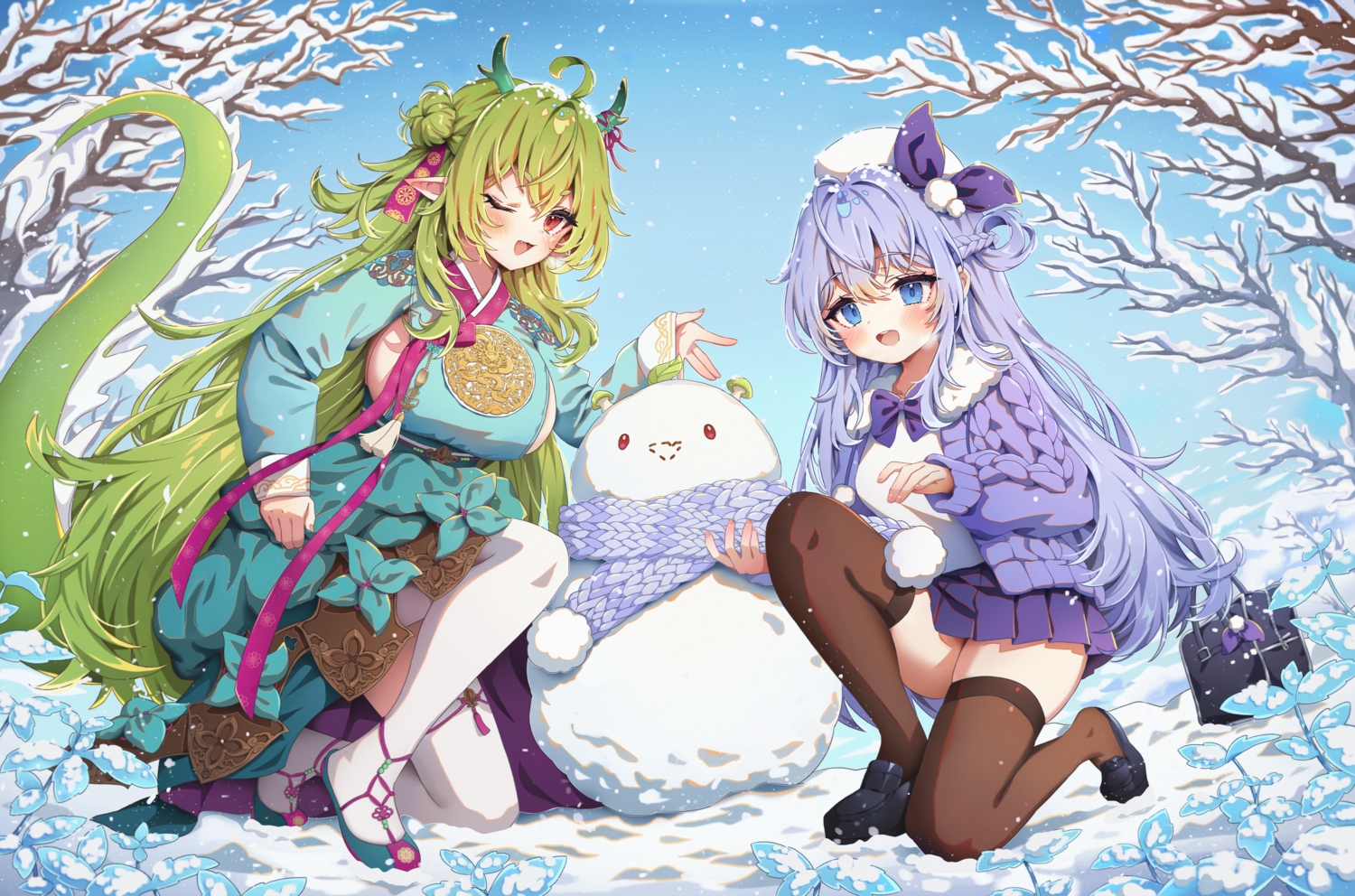2girls, arme_(cgsy7484), blue_eyes, blush, braids, breasts, cat_smile, clouds