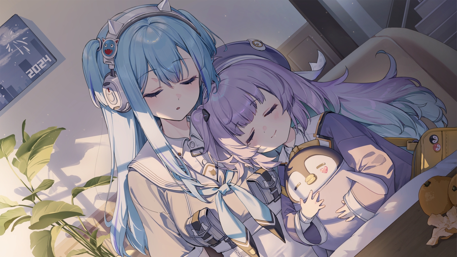 2girls, blue_hair, blush, food, fruit, goddess_of_victory:_nikke, hajin, hat
