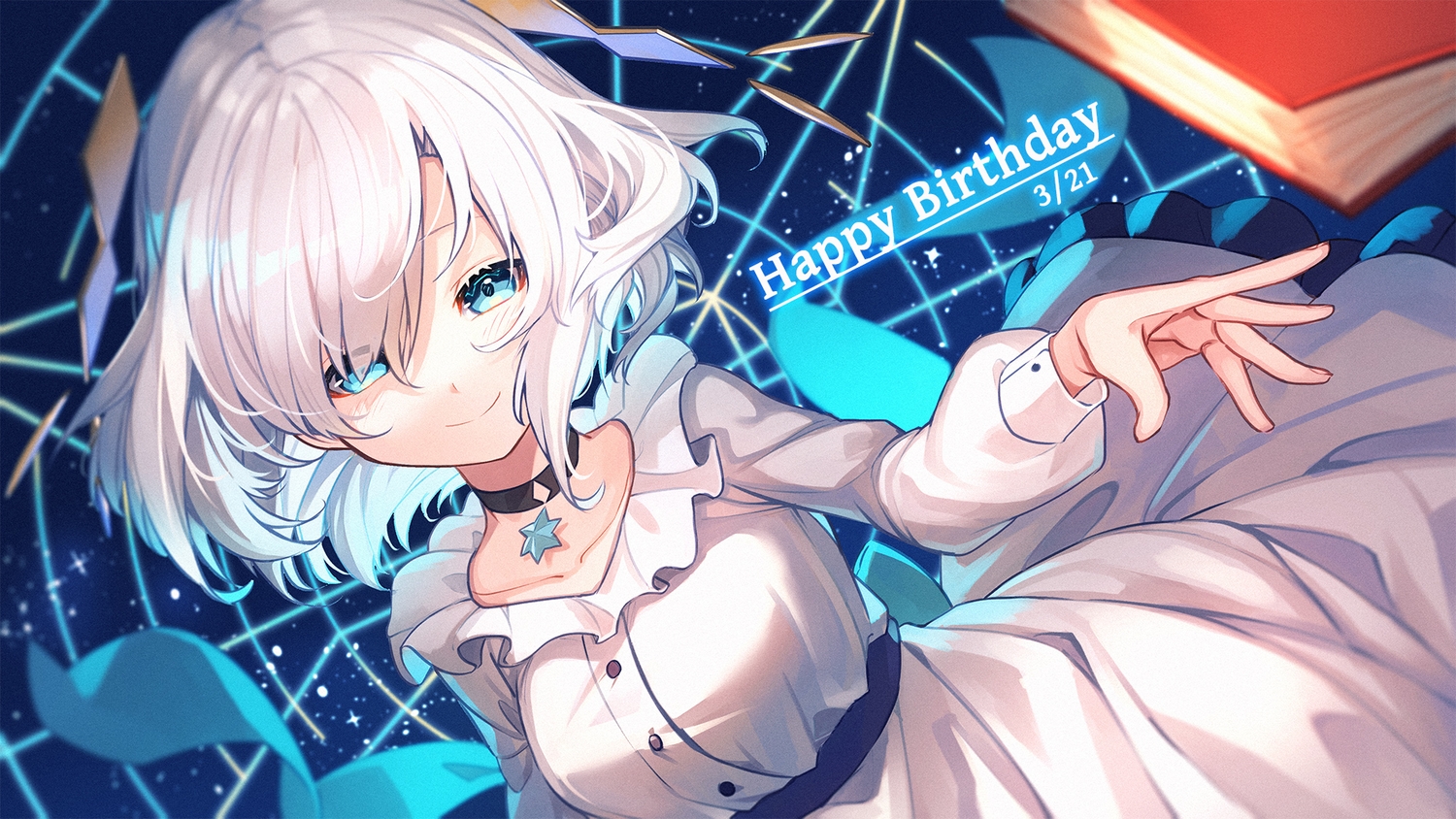 aqua_eyes, ars_almal, blush, book, choker, dress, nakabayashi_zun, nijisanji, short_hair, white_hair