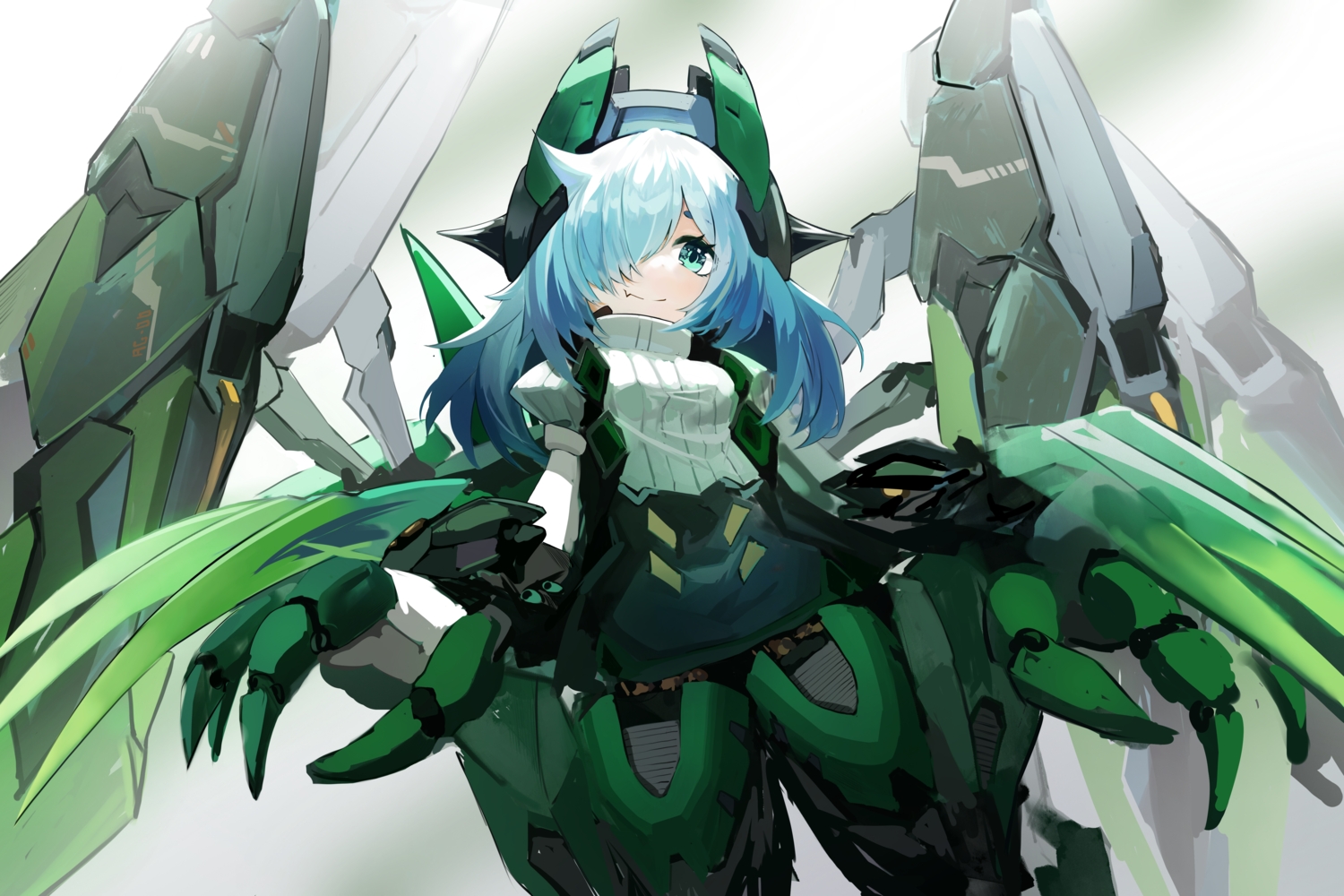 aqua_hair, artery_gear, dress, fang, green_eyes, jiang_long_bao, long_hair, mechagirl